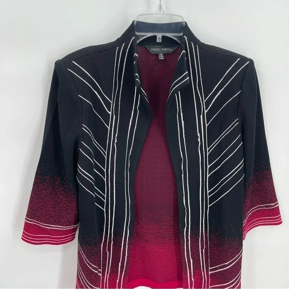 Ming Wang Womens size Small Open Cardigan Jacket Black Red white 3/4 sleeves - Picture 6 of 9